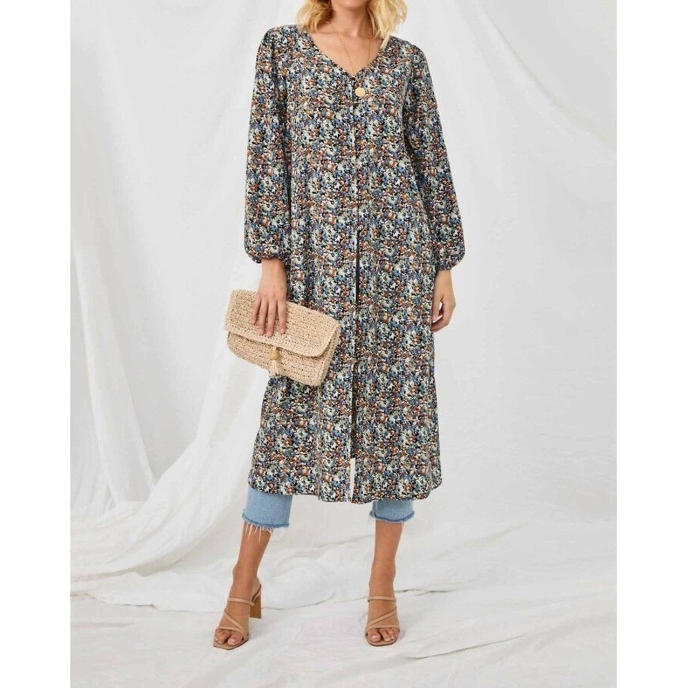 Hayden LA Womens Blue Floral Puff Sleeve Button Front Midi Duster Boho Medium